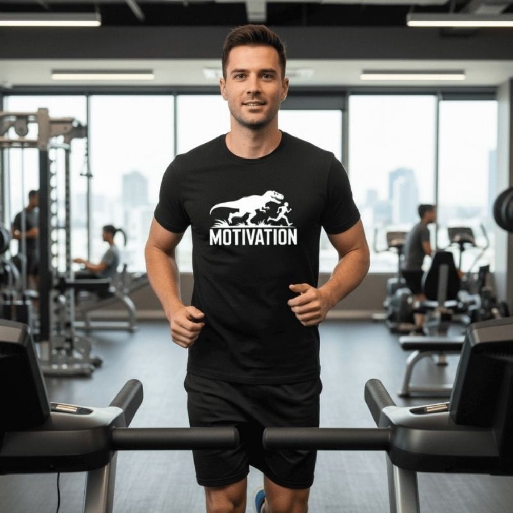 Runner wearing Motivation T-Rex Fitness Shirt while running on treadmill – Funny Motivational Gym Tee