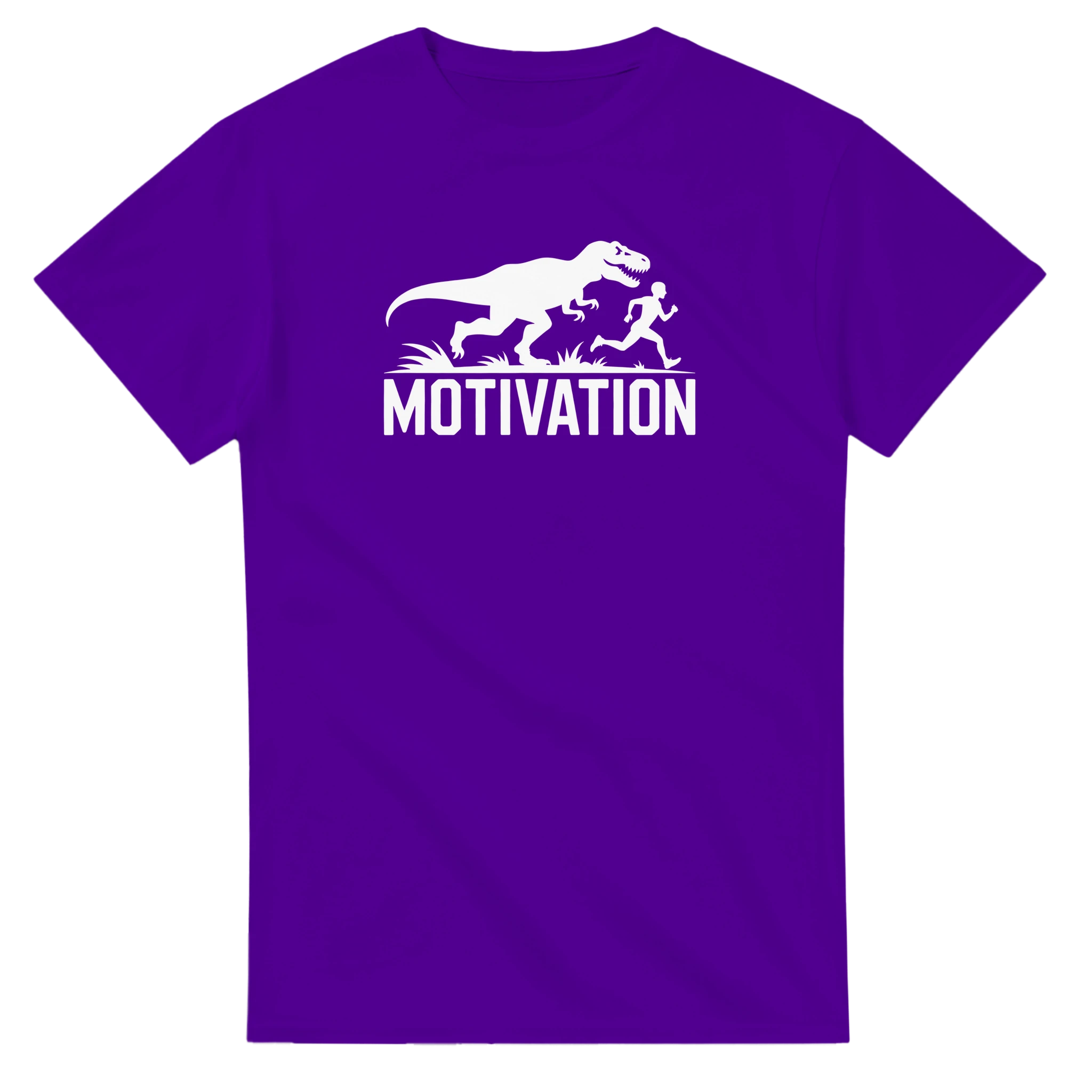 Purple Motivation T-Shirt with T-Rex Chasing Runner Design – Funny Gym Shirt for Fitness Lovers