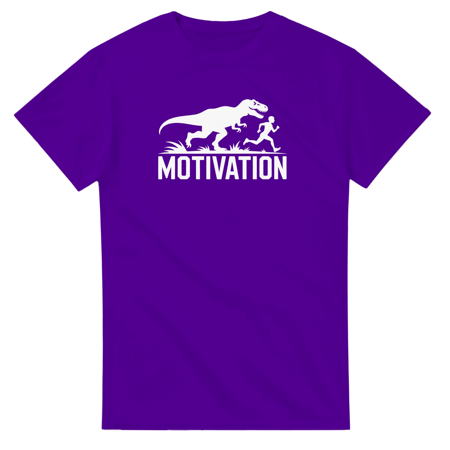Purple Motivation T-Shirt with T-Rex Chasing Runner Design – Funny Gym Shirt for Fitness Lovers
