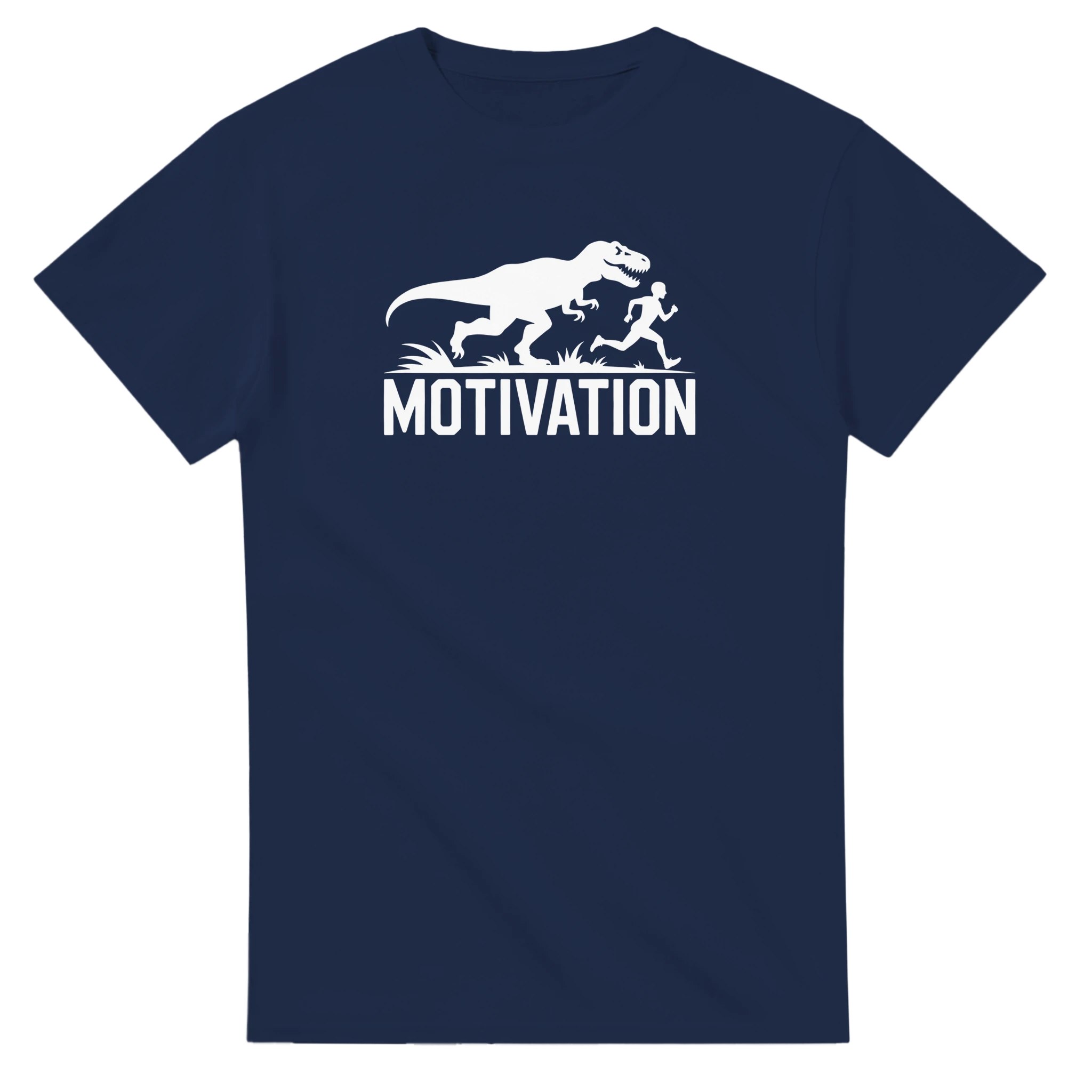 Motivation T-Rex Fitness T-Shirt in Navy Blue – Funny Running and Workout Tee for Athletes
