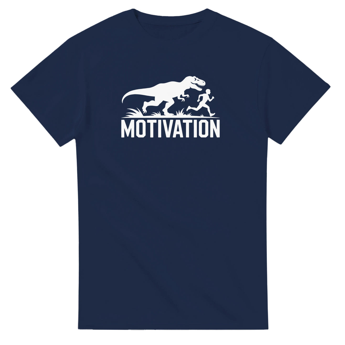 Motivation T-Rex Fitness T-Shirt in Navy Blue – Funny Running and Workout Tee for Athletes