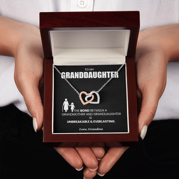 "Granddaughter gift necklace in luxury mahogany box with message card from Grandma"