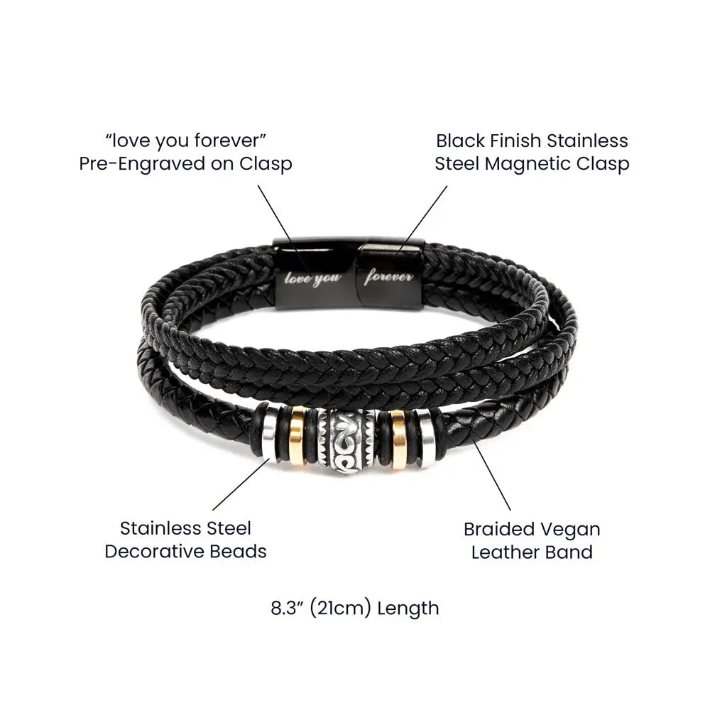 "Engraved love you forever clasp bracelet - black stainless steel magnetic closure with braided leather band"