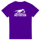 Purple Motivation T-Shirt with T-Rex Chasing Runner Design – Funny Gym Shirt for Fitness Lovers
