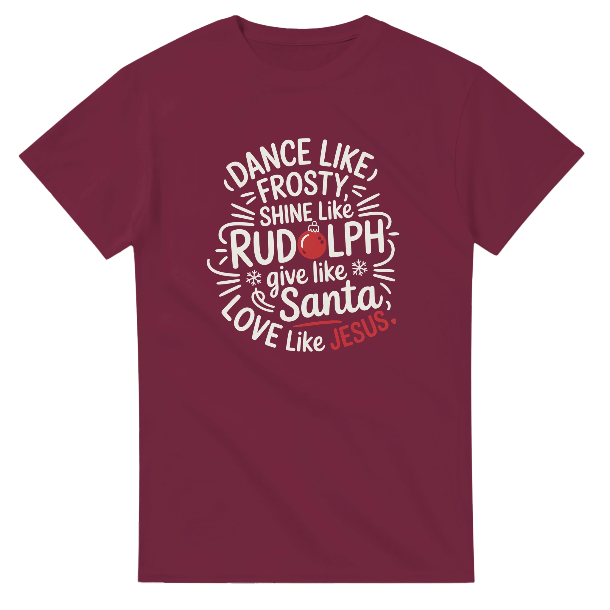 Love Like Jesus holiday tee with festive Rudolph and Santa graphics