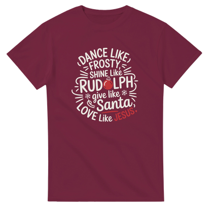 Love Like Jesus holiday tee with festive Rudolph and Santa graphics