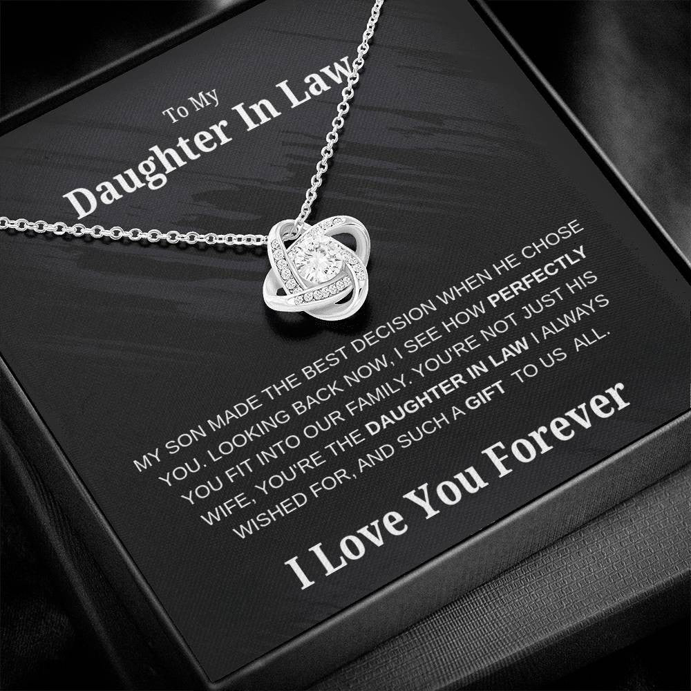 “To My Daughter-in-Law Love Knot Necklace with cubic zirconia center on message card – I Love You Forever gift jewelry”