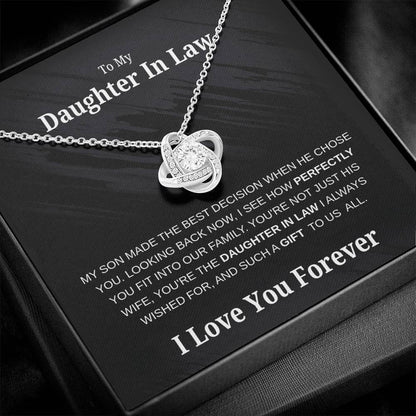 “To My Daughter-in-Law Love Knot Necklace with cubic zirconia center on message card – I Love You Forever gift jewelry”