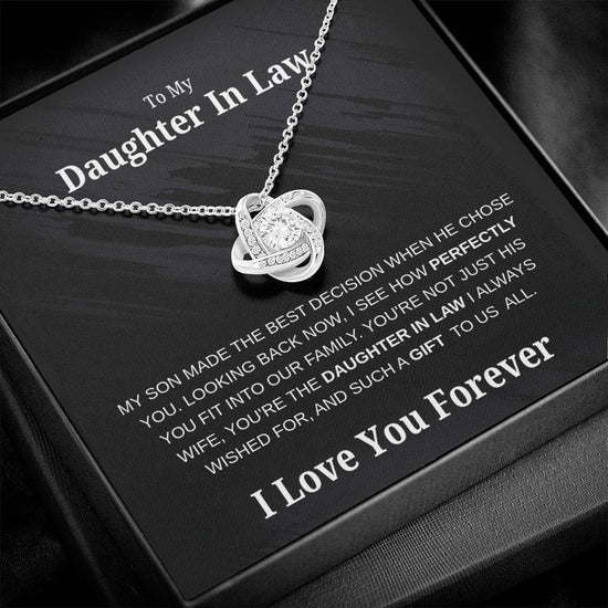 “To My Daughter-in-Law Love Knot Necklace with cubic zirconia center on message card – I Love You Forever gift jewelry”