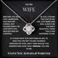 Necklace with heart-shaped pendant on a black card with romantic text for a wife.