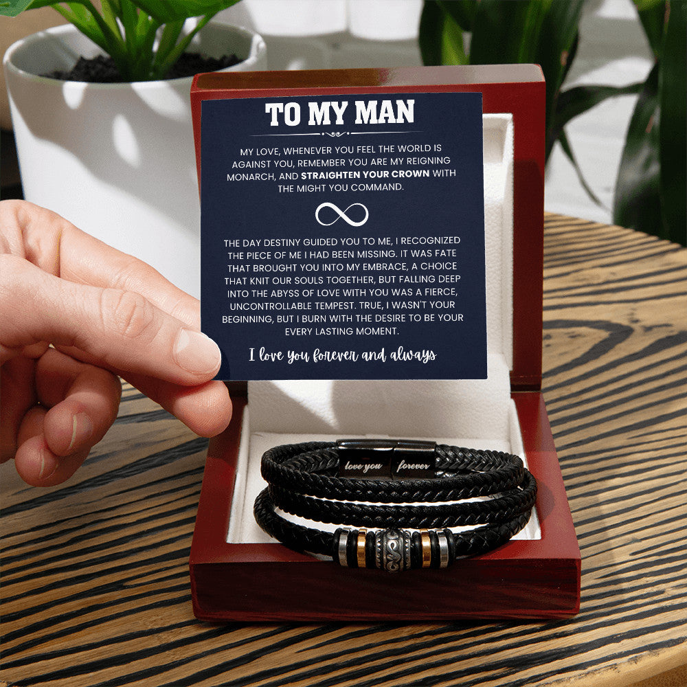 “Forever Love Bracelet for Men in elegant gift box with heartfelt message card – perfect gift for husband, dad, or soulmate.”