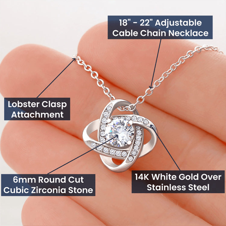 "To My Daughter-in-Law Love Knot Necklace – 6mm cubic zirconia stone with 14K white gold over stainless steel, adjustable 18-22 inch chain, lobster clasp”