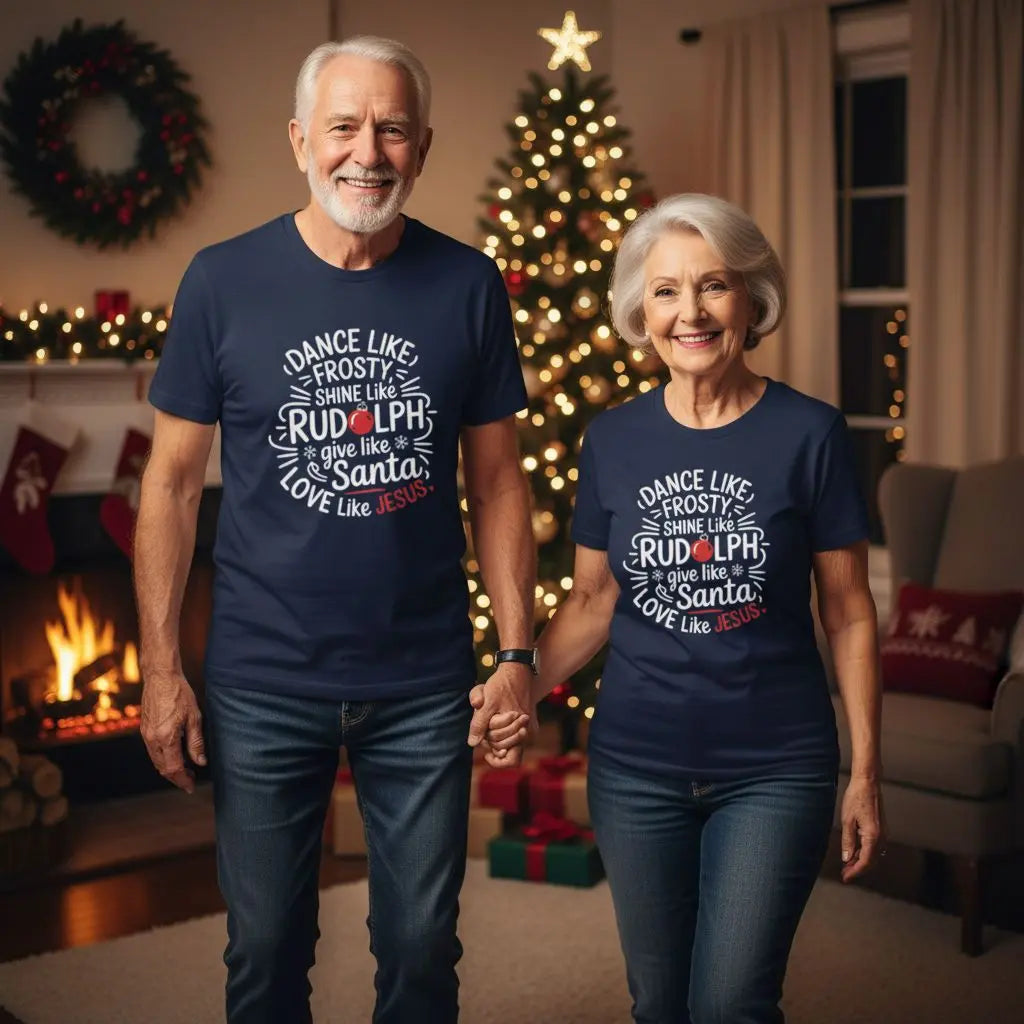 Unisex Christmas faith shirt with Frosty Rudolph Santa quote
