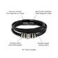 “Black braided vegan leather bracelet for men with stainless steel magnetic clasp engraved ‘love you forever,’ stainless steel decorative beads, and gold-silver accents, 8.3 inch (21 cm) length.”