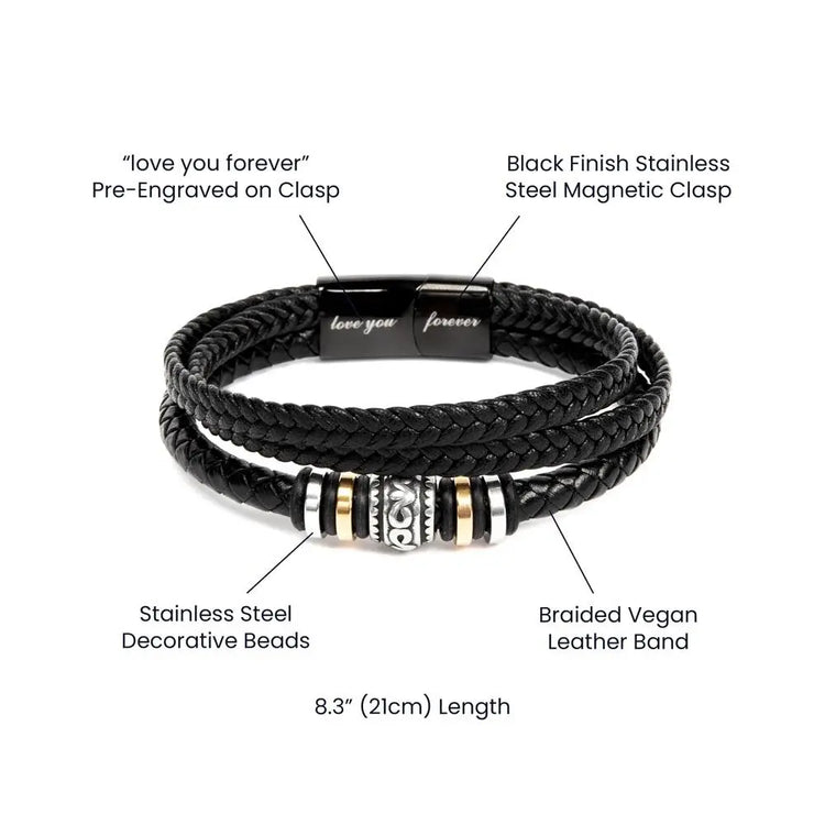 “Black braided vegan leather bracelet for men with stainless steel magnetic clasp engraved ‘love you forever,’ stainless steel decorative beads, and gold-silver accents, 8.3 inch (21 cm) length.”