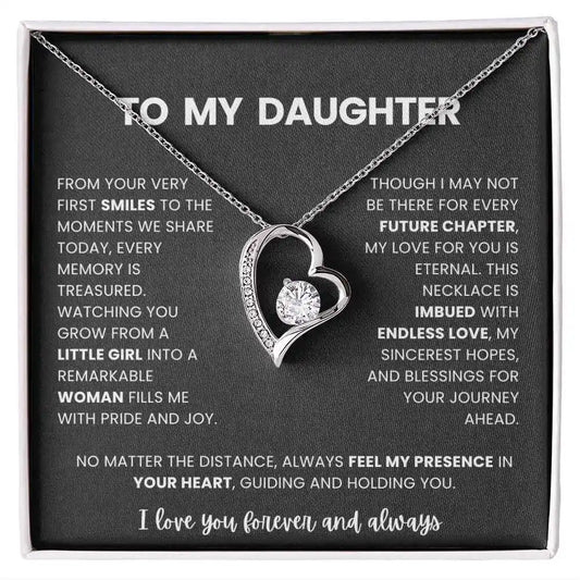 Necklace with heart design and sentimental message on a black card