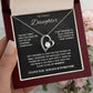 Heart-shaped necklace with sentimental message card for daughter in a mahogany box