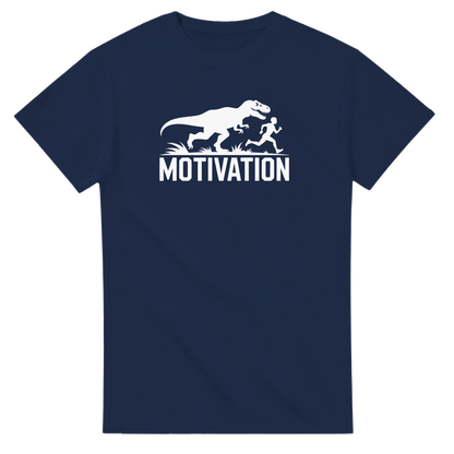Motivation T-Rex Fitness T-Shirt in Navy Blue – Funny Running and Workout Tee for Athletes
