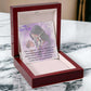 "Luxury mahogany box displaying silver heart necklace with ‘To My Mom’ sentimental message card"
