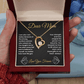 "Gold heart necklace with cubic zirconia in red gift box, Dear Mom message card – meaningful jewelry gift from daughter to mother."