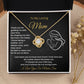 “To My Loving Mom Love Knot Necklace from Son with cubic zirconia pendant in 18K yellow gold, presented on heartfelt message card – perfect Mother’s Day gift”