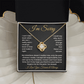 Gold Love Knot Necklace with I’m Sorry card – apology jewelry gift expressing love and regret in a luxury display box.
