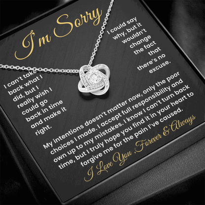 I’m Sorry Love Knot Necklace in gift box with heartfelt apology message card – elegant silver jewelry for meaningful forgiveness gift.