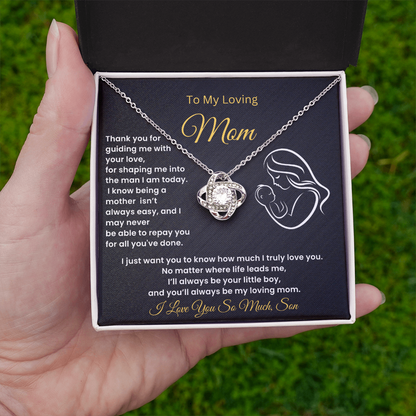 “Love Knot Necklace for Mom from Son with cubic zirconia pendant in gift box – sentimental jewelry gift for Mother’s Day, birthdays, and appreciation”