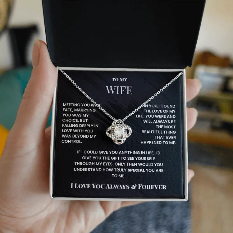 Necklace in a box with a sentimental message for a wife