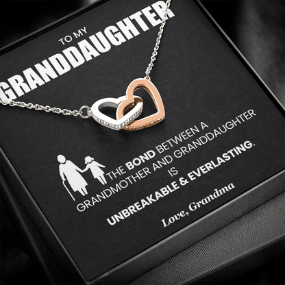 "To My Granddaughter Unbreakable Bond Interlocking Hearts Necklace with heartfelt gift box message from Grandma"