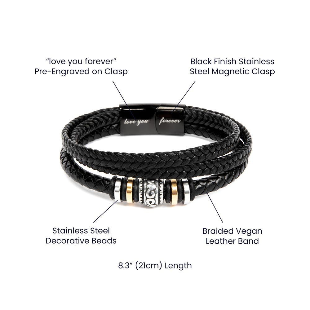 “Black leather Forever Love Bracelet with gold and silver accents – sentimental gift for husband or dad.”