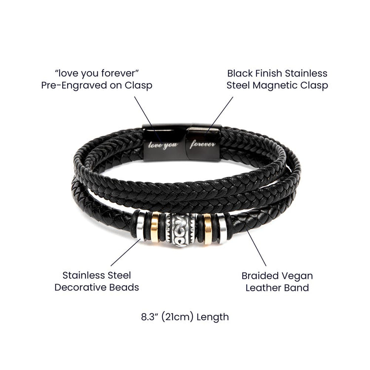 “Black leather Forever Love Bracelet with gold and silver accents – sentimental gift for husband or dad.”