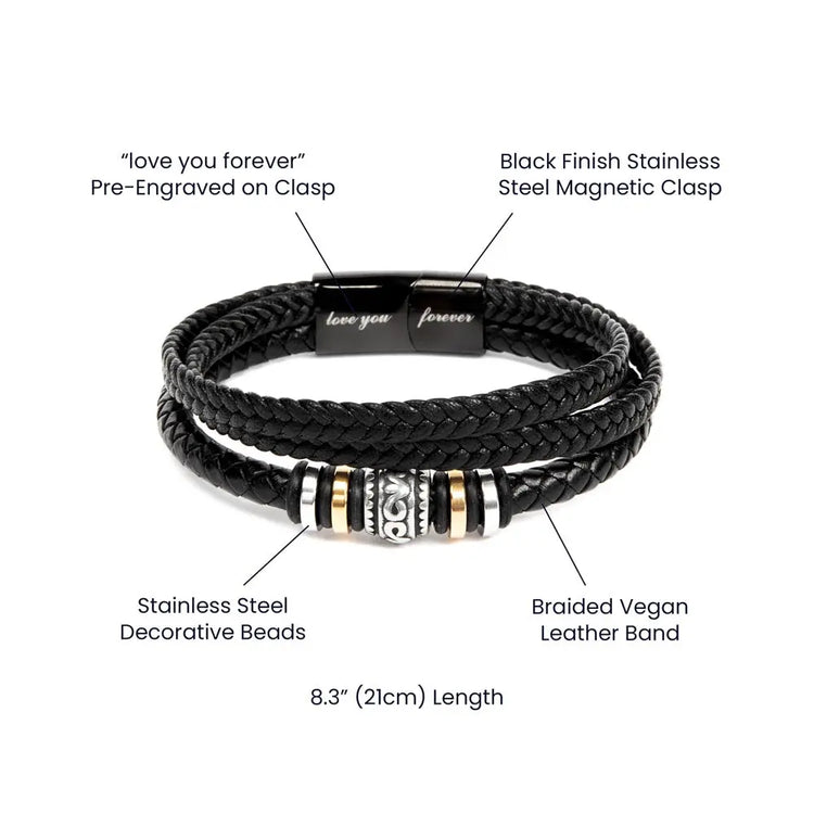 "Engraved love you forever clasp bracelet - black stainless steel magnetic closure with braided leather band"