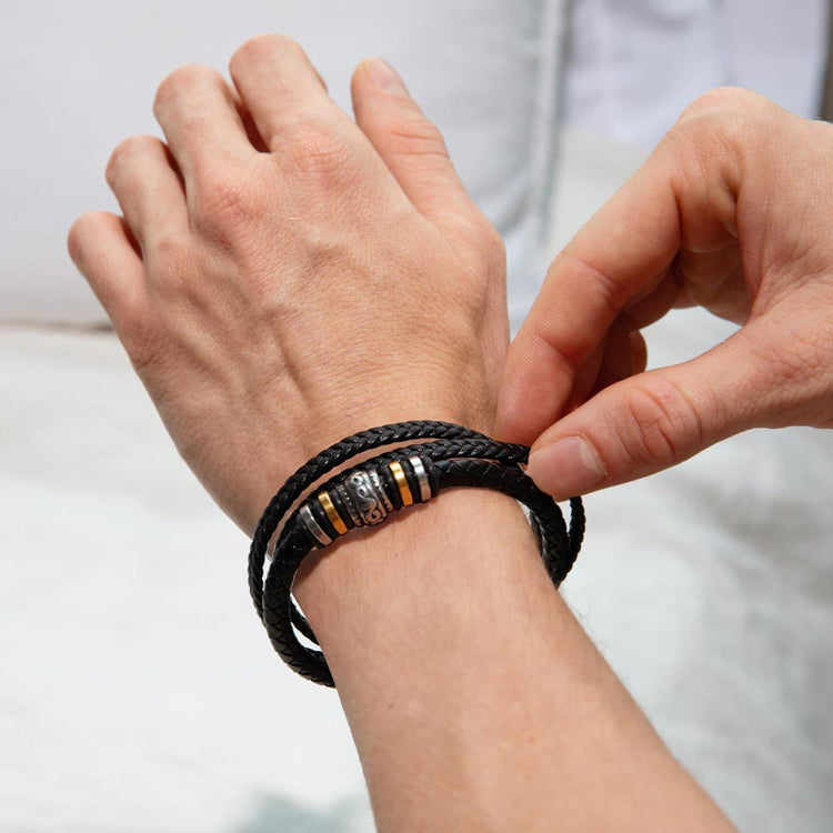 Men’s Forever Love Bracelet shown on wrist – stylish leather keepsake jewelry for husband, father, or boyfriend.”
