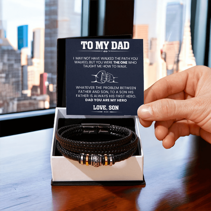 "To My Dad bracelet gift from son with heartfelt message card - braided black leather with stainless steel beads"