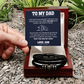 "Father and son bracelet gift in premium box - black vegan leather band with engraved clasp and beads"