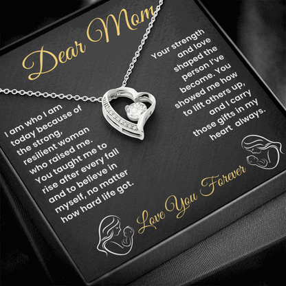 "Dear Mom Forever Love Necklace with heart pendant in gift box, meaningful jewelry gift for mother from daughter with sentimental message card."