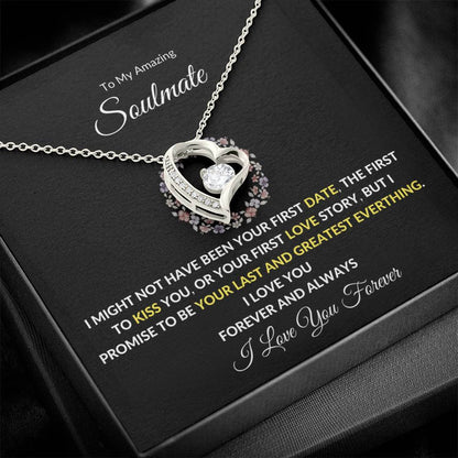 "Silver Forever Love Necklace in gift box with heartfelt soulmate message card – promise jewelry gift"